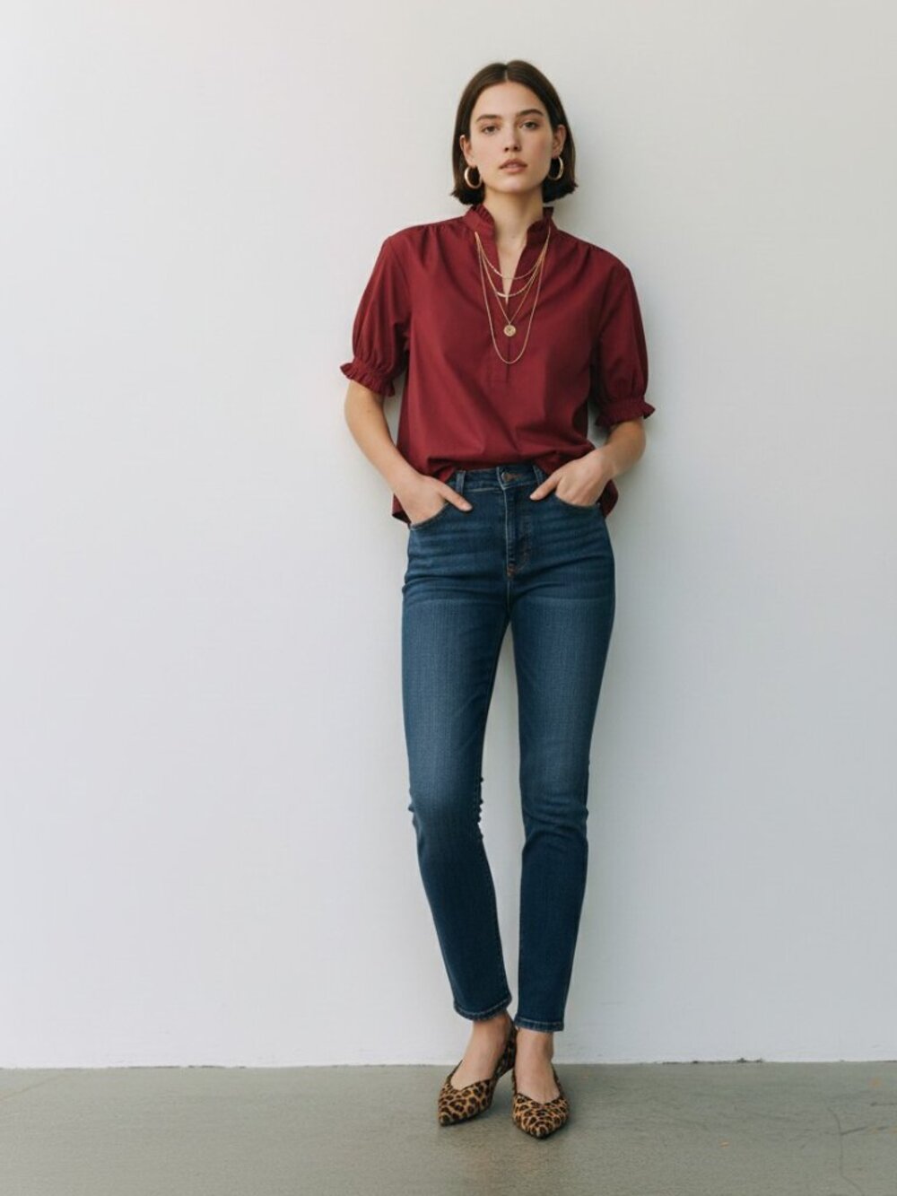 PINCH Burgundy Ruffle Collar Blouse Puff Sleeve Boutique NWT Sz S